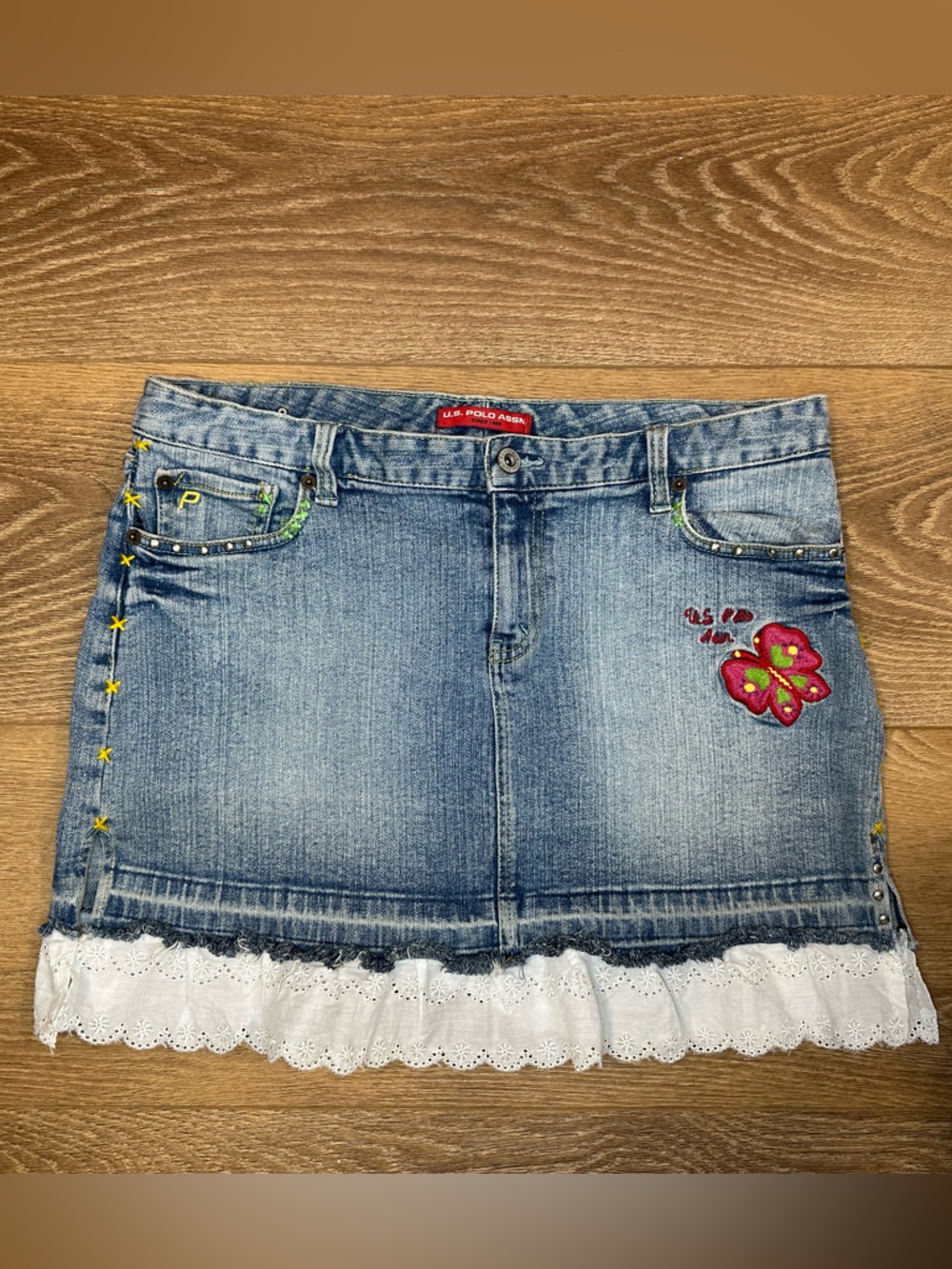 USPA Blue Denim Mini Skirt -  White Lace Trim & embroidered appliqués